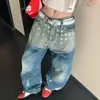Ojetes Metálicos de Industria Pesada Americana Cruzados Jeans Scimitar Punk Hombres Mujeres Diseño Vintage Desgastado Pantalones Largos