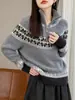 Suéter cálido premium para mujer, otoño e invierno, jacquard semihilo, estilo Fair Isle, con cremallera, lana pura, vintage y suave