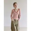 Conjunto de dos piezas estilo T-shirt de manga larga con cuello en V y retazos de encaje francés para mujer, top de otoño ajustado