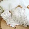 Pijama con Almohadillas para el Pecho para Mujer, Algodón Puro, Primavera y Otoño, Delgado, Holgado, de Manga Larga, Pantalón Largo, Sencillo, Se Puede Usar Afuera, Ropa para el Hogar, Conjunto de Dos Piezas