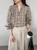 Jiangzuo Romantismo Retrô Roupa de Primavera Camisa Xadrez Franzida para Mulheres Camisa de Manga Longa de Botão Único 6509