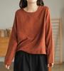 Camiseta de Algodón y Lino para Primavera y Otoño para Mujer, Color Sólido, Jacquard, Holgada, Slim, Cuello Redondo, Jersey Casual Fácil de Combinar, Manga Larga, Top Interior