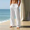 Pantalones de Algodón y Lino Texturizado Estilo Old Money para Hombre de Amazon Transfronterizos, Pantalones Rectos Finos de Verano con Cordón Elástico, Versátiles y con Buena Caída