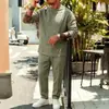 2026 Nuevo Comercio Exterior Transfronterizo Europeo y Americano Traje Casual Suelto de Color Sólido para Hombre de Lino con Mangas Largas y Pantalones Largos de Cuello Redondo