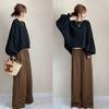Conjunto Quente de Quatro Cores em Estoque para Primavera e Outono de 2026: Conjunto Casual de Duas Peças: Blusa Gola Redonda Color Block e Calça Wide Leg