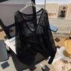 Blusa Feminina Umi de Tricô com Listras Pretas e Brancas Vazada em Seda Gelada, Manga Longa, Corte Solto, Estilo Casual, Top Vazado para Meninas Quentes