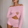 Pijama de dos piezas rosa de punto acanalado elástico y agradable para la piel, de manga larga y pantalón corto, ropa de casa, nuevo producto de otoño e invierno
