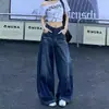 Calça jeans feminina de outono estilo retrô americano, bainha curva, perna larga, lavada, solta, reta, nova, afina a silhueta, cintura alta, comprimento total