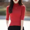 Estilo Novo de Primavera Algodão Puro Gola Meia-Alta Manga Três Quartos Suéter Base Tricotado Cor Sólida Versátil Estilo Coreano Top Canelado Roupa Feminina