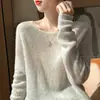 Suéter Feminino Macio e Suave de Tencel com Gola Redonda, Caimento Solto, Cashmere, Estilo Preguiçoso, Tricô Básico, Tamanho Único para o Dia a Dia