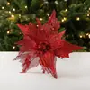 Decorações de flores de Natal em dourado e vermelho com lantejoulas e glitter, flores de Natal artificiais feitas à mão em formato de fênix, acessórios para árvore de Natal