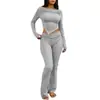 Conjunto de Primavera para Mujer Transfronterizo Europeo y Americano, Nuevo, Color Sólido, Hombros Descubiertos, Manga Larga, Fruncido, Top Corto Camiseta y Pantalones para Mujer