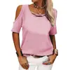 Moda Casual Feminina Primavera e Verão 2025 Roupas Europeias e Americanas Transfronteiriças Amazon Wish Cor Lisa Ombro a Ombro Solta Manga Curta Camiseta para Mulheres
