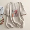 Toma Real de Tops de Algodón y Lino Estampados Vintage para Mujer, Suéter Holgado de Cuello Redondo y Manga Media, Camiseta Versátil y Transpirable para Mujer