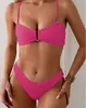 Bikini de Color Puro Europeo y Americano Transfronterizo Traje de Baño Femenino Sexy Cintura Alta Chica Caliente Mostrando Pechos V Profunda Traje de Baño para Vacaciones en Aguas Termales Femenino