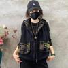 Chaleco de mezclilla estampado nuevo de color a juego vintage otoño primavera y verano corto con capucha holgado adelgazante chaqueta de moda