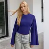 Moda femenina europea y americana: Nuevo top casual de Amazon de color sólido, cuello redondo, hombros normales, manga ancha, entallado a la cintura, sexy de manga larga