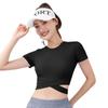 Juyitang Pêssego Umbigo de Fora Cruz Manga Curta Verão Slim Roupa de Yoga Top Fitness Justo Cintura Alta para Mulheres