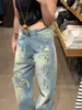 Jeans retro americanos con estampado de salpicaduras y efecto desgastado para mujer, nuevo diseño de otoño 2027, corte holgado, efecto adelgazante, pantalones de pierna ancha modernos