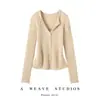 Nuevo top de punto acanalado de manga larga ajustado, estilo francés, apto para la piel, 100% cachemira pura, cuello en V, para otoño e invierno