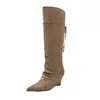 Botas 2026 Estilo Coreano Punta Fina Tacón de Cuña Botas Largas para Mujer, Adelgazantes Marrones de Tacón Alto Hasta la Rodilla