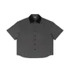 Camisa Yitai com Blocos de Cor e Listras Quadrada Curta de Verão Patchwork Colorido Gola Lapela Manga Curta Masculina Listrada Jaqueta Solta