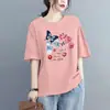 Fornecimento Transfronteiriço Camiseta de Manga Curta 100% Algodão Estampa Floral 2026 Verão Novo Estilo Europeu Tamanho Grande Elegante Soltinho
