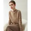 Suéter base de punto de cachemira 100% de doce agujas con dobladillo enrollado y cuello semi-alto, top de manga larga para mujer