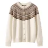 Cardigã de jacquard Fair Isle 1005 de cashmere para outono e inverno para mulheres, gola redonda, casaco versátil de tricô grosso, cardigã vintage