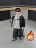 Ropa de Invierno para Niños con Bolsillos de Terciopelo Plus Chaqueta de Cuero Conjunto de Tres Piezas Estilo Coreano Ropa de Una Pieza con Sudadera de Terciopelo para Niños Ropa Guapa para Bebé