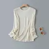 Top de punto fino de manga larga, cuello redondo, holgado, casual, transpirable y ligero de Lyocell + lino, camiseta para mujer, protección solar