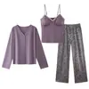 Pijama de Algodón Puro para Mujer, Conjunto de Tres Piezas, Camisola Sexy, Nuevo Estilo Primavera y Otoño 2026, Manga Larga, Pantalón Largo, con Almohadillas en el Pecho, Ropa de Casa
