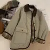 Nueva chaqueta acolchada casual retro estilo coreano para personas petite, diseño japonés con cuello de solapa y estampado a cuadros, abrigo cálido de algodón
