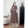 Outono Novo Estilo Floresta Gola de Renda Dupla Camada Cor Sólida Algodão Linho Solto Versátil Vestido de Manga Longa Atacado