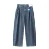 Jeans Solto Feminino Japonês Produto Lavado Calça Longa / Calça de Cintura Alta Wide Leg / Calça Perna Banana 488450
