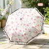 Guarda-chuva Manual Dobrável com Cabo de Argola, Guarda-sol Preto com Proteção UV, Design Floral Fresco, Guarda-sol Anti-UV