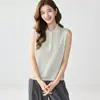 Suéter 100% Cachemir Puro para Mujer Chaleco Cuello Polo Chaleco sin Mangas Medio Botón Suéter de Punto Semi-Peludo Capa Interior