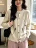 Nuevo cárdigan de punto bordado floral estilo coreano para otoño e invierno para mujer, suéter abrigo de cuello redondo de corte holgado, top suave y versátil