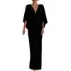 Ropa de mujer transfronteriza 2026 Amazon Francés Cuello en V Cintura plisada Vestido largo Manga murciélago Adelgazante Vestido formal