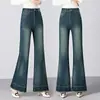 Calça jeans flare azul para mulheres, novo estilo outono, cintura alta, elástica, modeladora, com design de barra desfiada e silhueta levemente flare