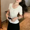 Camiseta Branca Redonda Vazada de Manga Curta, Solta e Casual, para Mulheres, Verão, Malha Fina Slim, Cardigan Top