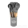 Atacado Transfronteiriço Mais Vendido Conjunto de Utensílios de Cozinha de Silicone com Cabo de Madeira 11 Peças Espátula Antiaderente Conjunto de Utensílios de Cozinha com Balde de Armazenamento Conjunto de 12 Peças