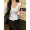 Camiseta Básica Blanca para Mujer Primavera y Otoño 2025 Nueva Ajustada Interior Encaje de Alta Gama Manga Larga Camiseta Top con Hombro Derecho Cuello en V