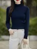 Top de punto acanalado de algodón puro para mujer de principios de otoño, con cuello alto medio, manga larga, textura acanalada vertical, elástico, corte ajustado y agradable para la piel