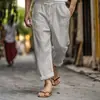 2025 Transfronteiriço Amazon Calças Casuais de Verão Masculinas Cintura Elástica Cordão Múltiplos Bolsos Algodão e Linho Calças de Praia
