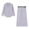 Conjunto de dos piezas de moda morado para mujer talla grande: top tipo camisa y falda, atuendo casual para el otoño de 2026 para ir al trabajo para damas talla grande