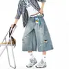 Shorts de mezclilla rotos estilo retro americano para mujer, pantalones cortos de pierna ancha cropped lavados de moda callejera de verano, pantalones casuales de marca de moda con un look fresco y casual