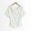 Camiseta Gola V Irregular com Cintura Ajustável Emagrecedora de Lã Tencel, Estilo Relaxado e Casual, Blusa de Manga Curta Solta para Mulheres