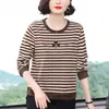 Nova Camiseta Listrada de Manga Longa da Moda de Outono da Mamãe para Mulheres, Camisa Básica Elegante com Strass de Caimento Solto para Meia-Idade e Idosos