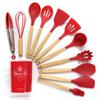 Juego de Utensilios de Cocina de Silicona Colorido 12 Piezas Mango de Madera Juego de Cuchara y Espátula Espátula para Cocinar Juego de Utensilios de Cocina de 11 Piezas